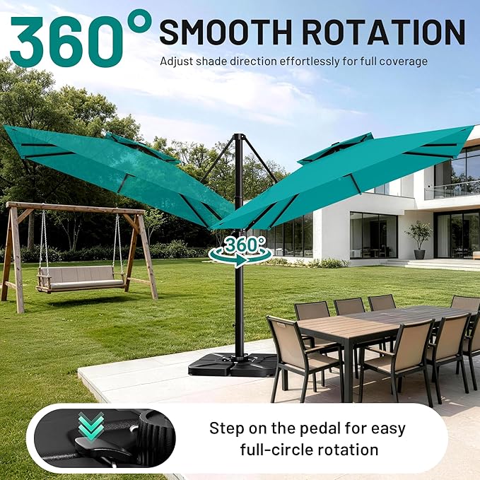 AreShark 9×9FT Double-Top Cantilever Patio Umbrella with Base Included, Square Offset Umbrella with 360 Degree Rotation, Heavy Duty Patio Umbrella for Garden Deck Pool, 5 Tilt Angles, Turquoise Blue