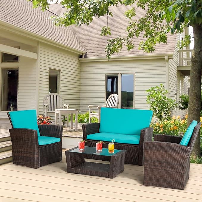 FDW 4 Piece Patio Furniture Sets, Wicker Conversation Set 4 All-Weather Outdoor Sectional Patio Sofa for Porch Deck with Blue Cushion Brown Rattan Sofa Chair