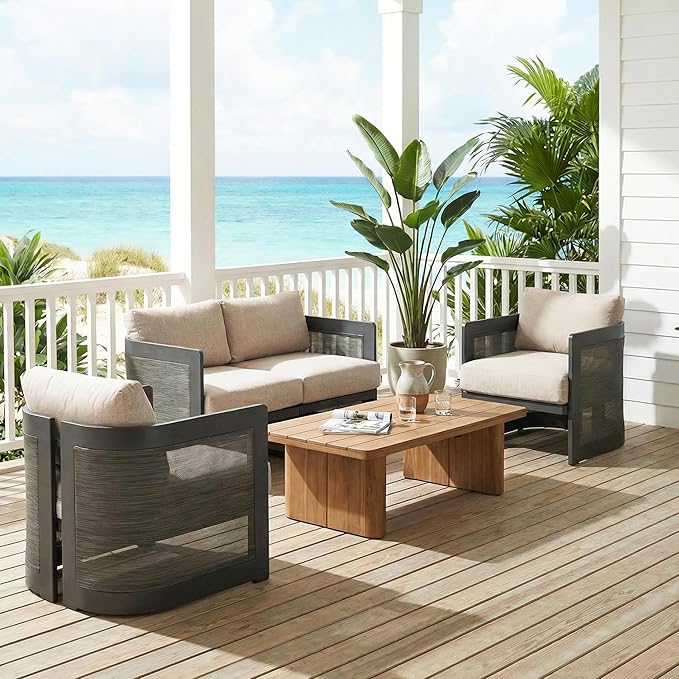 Christopher Knight Home Norhill Patio Sofa Set, 3 Pieces Outdoor Seating Set, Aluminum Patio Furniture Set with Two Club Chairs and Loveseat, Conversation Set for Patio Garden Poolside, Beige + Black