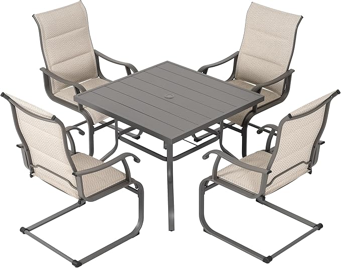 NUU GARDEN 5-Piece Outdoor Patio Dining Set - 4 Textilene Dining Chairs & 37" Table with Umbrella Hole, Weather-Resistant Furniture for Yard Porch Poolside Garden, Beige