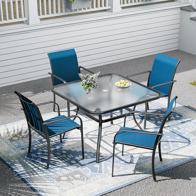Outdoor Patio Set, 37" Square Glass Dining Table and 4pcs Stackable Chairs, All-Weather Patio Furniture Set with 1.7" Umbrella Hole for Garden Backyard Lawn Poolside