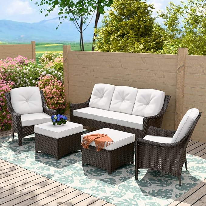 Stone Creek Outdoor Furniture Set with Patio Chairs, 3 Seater Couch & Ottomans, Wicker Patio Conversation Set, Balcony Furniture, 5 Piece, Brown/Beige