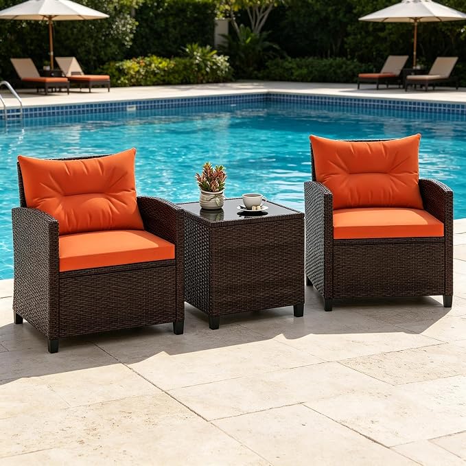 ORALNER 3 Pieces Patio Furniture Set, Outdoor Wicker Conversation Set Rattan Chairs with Cushions, Glass Coffee Table, Bistro Set for Front Porch Balcony Garden Deck Poolside (Orange)