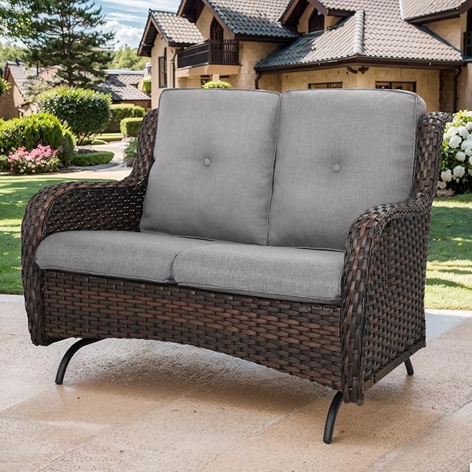 Patio Loveseat Glider Set, Resin Wicker Loveseat Glider with 2 Swivel Patio Chiars Coffee Table and Side Table, 5 Piece Patio Furniture Set Loveseat Set, Brown Wicker|Grey Cushions