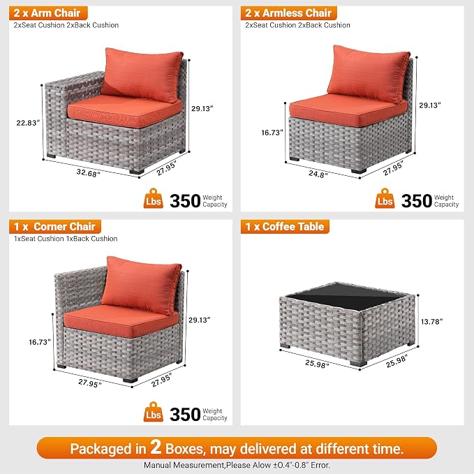 6 Pieces Patio Furniture Set, Outdoor Wicker Sectional Sofa with 7.7" Extra Wide Armrests, Modern Rattan Modular Conversation Set with Thickened Deep Seat Cushions for Garden, Backyard, Orange-Red