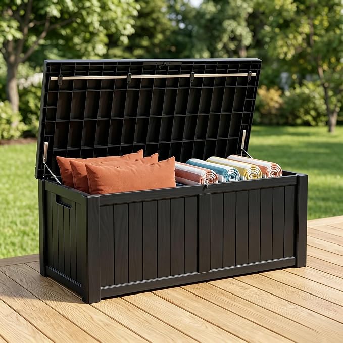 148 Gallon Resin Deck Box - Outdoor Storage Chest for Patio Furniture Cushions, Garden Tools, Pool Accessories & Backyard Organization Lockable Waterproof All-Weather Wood Grain Design, Easy Assembly