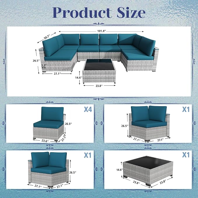 KIGOTY Patio Furniture Set,7 Pieces Modular Outdoor Sectional Sofa, PE Rattan Patio Conversation Set, All Weather Wicker Patio Furniture with Cushions and Coffee Table（Grey White/Peacock Blue）