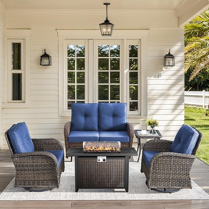 5 Pieces Patio Furniture Set with Fire Pit Table-All Weather Rattan Wicker Outdoor Glider Bench with Outdoor Swivel Chair Outdoor Furniture for Deck Porch Garden Balcony Poolside-Brown/Blue