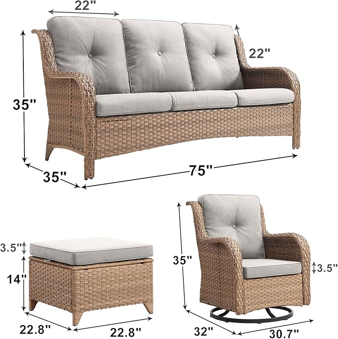 Rilyson Patio Furniture Swivel Chairs Set - 7 Piece Wicker Rattan Outdoor Sectional Conversation Sets with 4 Swivel Rocking Chairs,2 Ottomans and 1 Sofa for Porch Deck Garden(Yellow/Beige)
