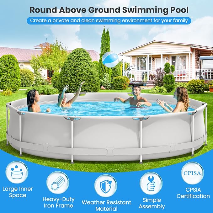 Goplus Above Ground Swimming Pool, 12ft x 12ft x 30inch Outdoor Steel Frame Pool W/Pool Cover, Reinforced Steel Frame, Round Swimming Pool for Backyard, Garden, Patio, Balcony (Gray)