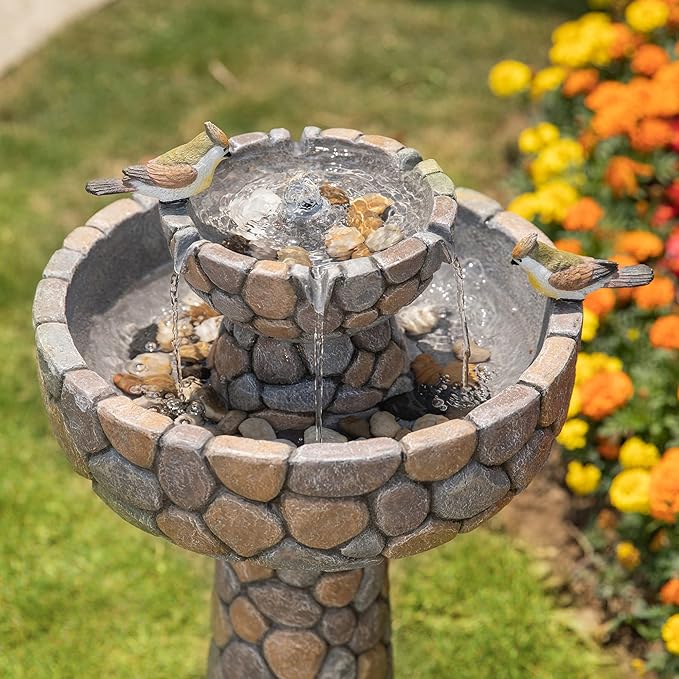 Glitzhome Water Fountain Outdoor with Birds Decor, 24.4”H 2-Tier Bird Bath Outdoor Fountain with Pump, Freestanding Garden Waterfall Fountains Water Feature