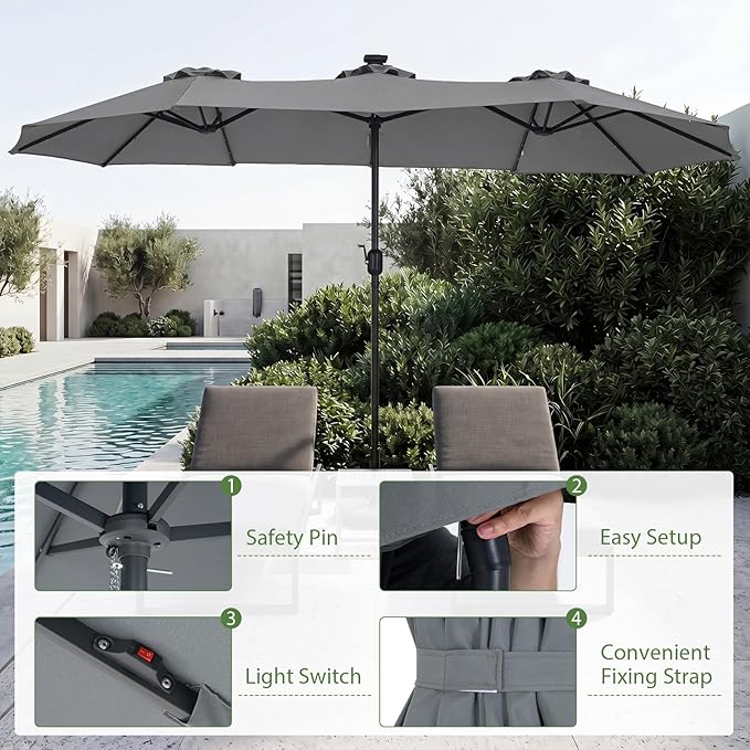 Tangkula 13 Ft Solar Patio Umbrella, Double-Sided Extra Large Outdoor Market Table Umbrella with 36 LED Lights, Crank Handle, 12 Sturdy Ribs for Poolside, Garden & Backyard (Gray)