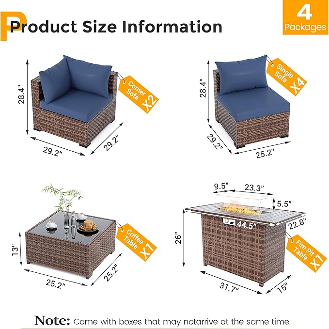UDPATIO Furniture Set with Fire Pit Table, 8 Piece Sectional Sofas, All-Weather Wicker Conversation for Garden, Backyard, Navy Blue