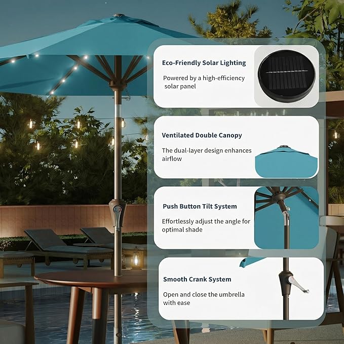9FT Solar Umbrella 32 LED Lighted Patio Umbrella Table Market Umbrella w/Tilt and Crank, UV-Resistant Outdoor Umbrella for Pool, Garden, Deck, Sky Blue