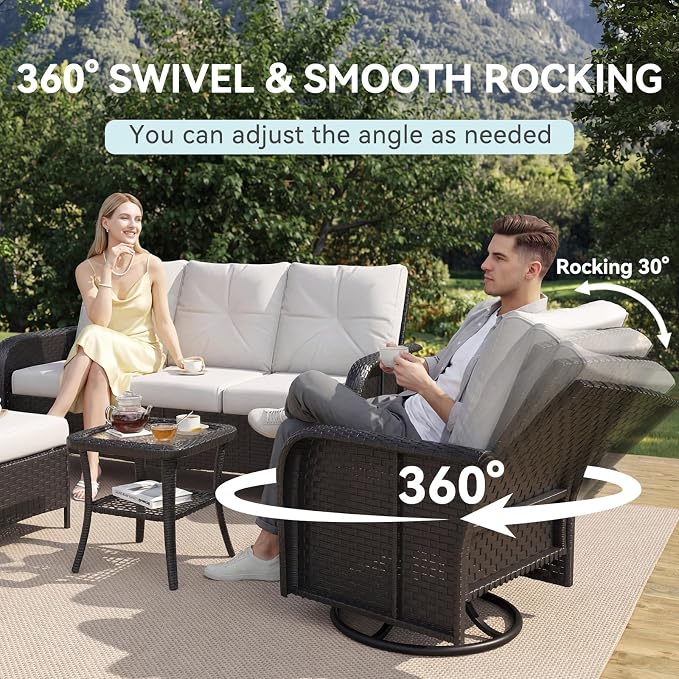 LazySunsets 7 Piece Outdoor Patio Furniture Set with Coffee Table, Wicker Rattan Outdoor Furniture with High Back Swivel Rocker Chairs, Outdoor Conversation Sets with Thick Cushions, Beige