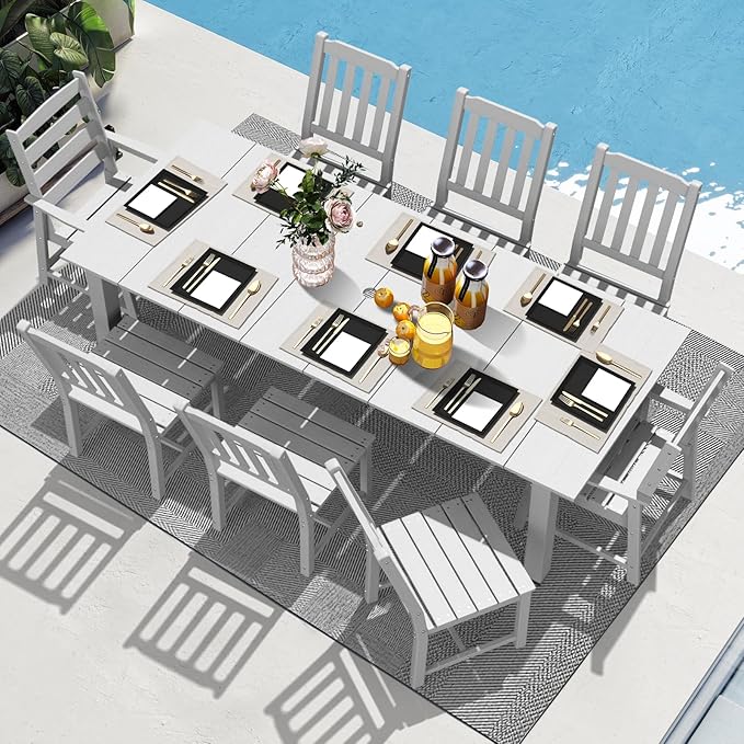 LOUNZY 9 Pieces Patio Dining Sets, Outdoor HDPE Furniture Set for 8 w/ 2" Hole Cut-Out Dining Table 75.2in with 8 Patio Chairs(2 W/Armrest, 6 w/o Armrest), White