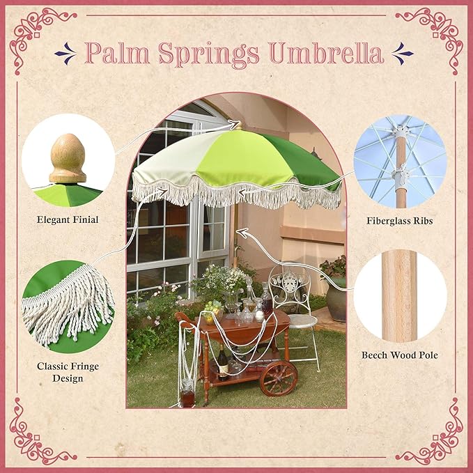 LAGarden Fringe Patio Umbrella with Carry Bag & Cover Vintage Wood for Event Outdoor Garden Yard Wedding Bistro Table