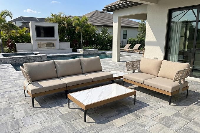 PURPLE LEAF 5 Pieces Patio Conversation Furniture Sets with Loveseat Chairs Tables Modern Wicker Armrest Outdoor Aluminum Sectional Sofa Sets for Balcony Yard Poolside Garden, Cushions Included