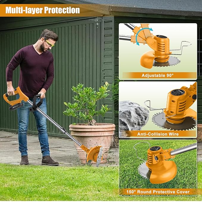 String Trimmer Cordless - 21V Battery Powered Weed Wacker, 2 X 2.0Ah Battery and a Charger, Grass Trimmer, Brush Cutter and Edger Lawn for Garden/Yard