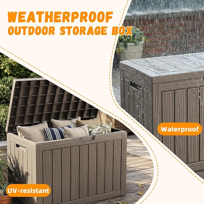 ROJIK Outdoor Storage Box, 55 Gallon Waterproof Deck Box, Weatherproof Resin Outside Storage Bin for Patio Furniture, Garden Tools, Pool Accessories, Cushion, Grey