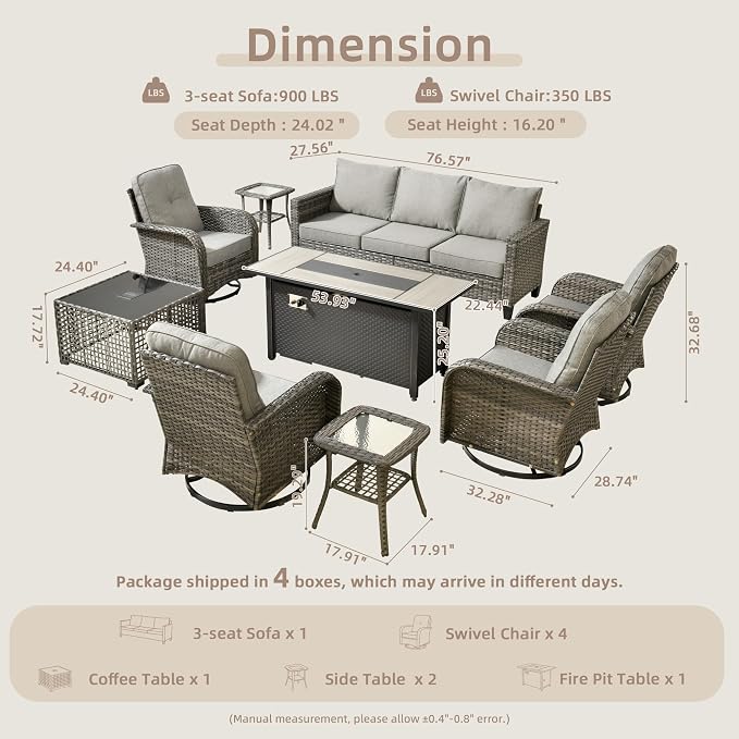 CAODOC 9 Pieces Outdoor Furniture,Patio Furniture with 54" Fire Pit Table,Wicker Conversation Set for Balcony,Deck,Pool and Backyard(Dark Grey)