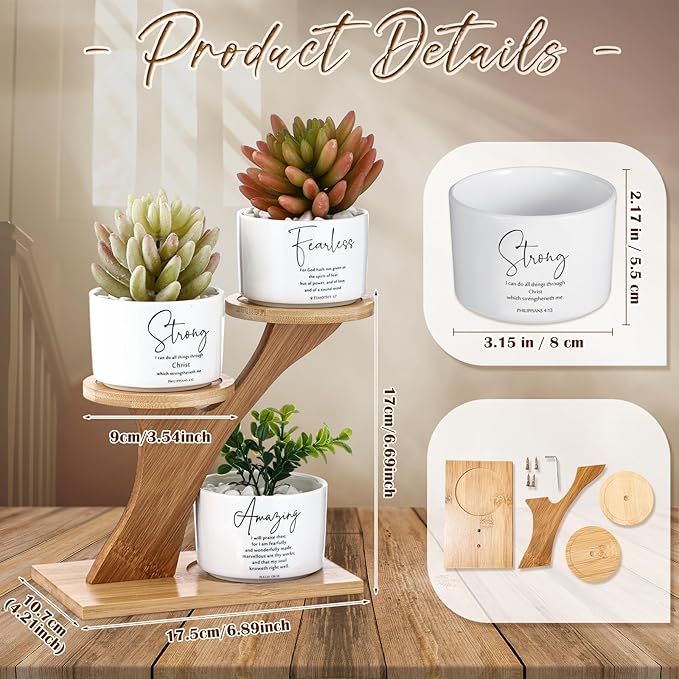 Yalikop 3 Pcs Bible Verse Succulent Pots with 3 Tier Bamboo Stand, Easy Assembly Christian Religious Gifts 3 x 2 in Inspirational Mini Ceramic Flower Planter for Mother's Father's Day Home Decor