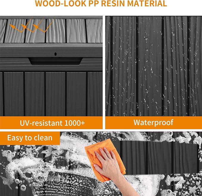 46 Gallon Waterproof Resin Outdoor Storage Box, Multifunctional Patio Deck Box, Weatherproof Outdoor Bin for Garden, Pool, Backyard & Porch Furniture Tools (Black, 46 Gallon)