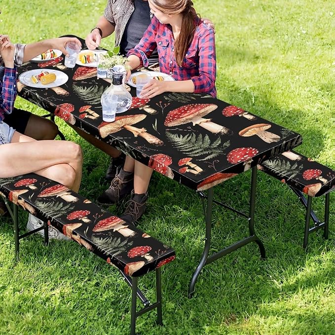 Mushroom Picnic Table Cover with Bench Covers Foldable Outdoor Camping Tablecloth Dustproof Elastic Waterproof Picnic Table Cover 3 Piece Set Suitable for BBQ Picnic Party Camping