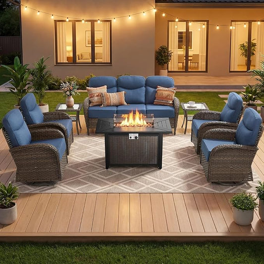 Outdoor Swivel Rocking Chair Patio Set (8pcs) High-Back - Thick Cushion Swivel Rocking Chair Patio with Fire Table Set, All-Weather Wicker Patio Furniture Set, Suitable for Balcony Patios, Brown/Blue