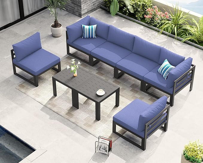 NICESOUL 8 Piece L Shaped Modern Aluminum Outdoor Patio Furniture Set, 29" Wide Deep Sitting, Large Fade Resistant Modular Sectional Sofa, 500 lbs Sturdy Comfy Conversation Set for Garden, Denim Blue