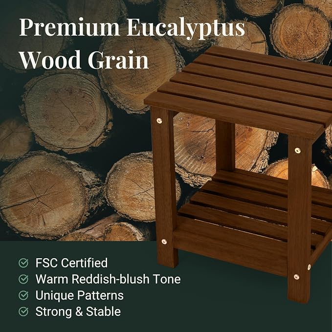 Premium 2-Tier Eucalyptus Wood Side Table with Slatted Storage Shelf, 13" x 16" x 17.5", Wooden Accent Table for Living Room, Entryway or Bedside (Brown)