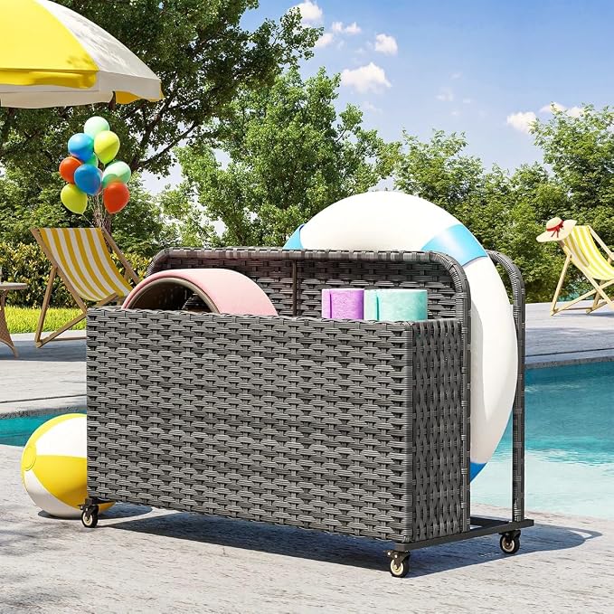 Poolside Deck Box, Poolside Storage Organizer With Pe Rattan Wicker Basket, For Floats & Accessories, Galvanized Frame With Locking Wheels