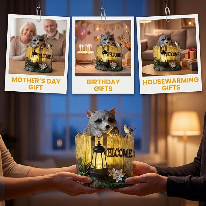 Solar LED Garden Statue with Raccoon and Welcome Sign, Outdoor Decorative Lantern with Bird and Flowers for Porch, Patio or Yard