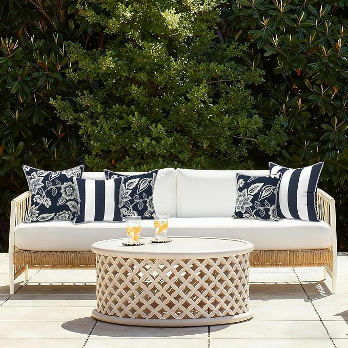 LVTXIII Set of 2 Patio Throw Pillows Covers Waterproof 20x20 Fade Resistant Outdoor Throw Pillow Case, Fluffy Decorative Garden Toss Pillow Covers for Home Patio Coach Sofa Use, Elegant Vines Navy