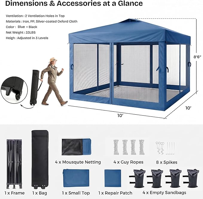 10x10 Pop Up Canopy Tent with Netting,Outdoor Portable Instant Folding Gazebo with 4 Ropes,4 Sandbags and Wheeled Storage Bag,3 Height Positions,Canopy for Patio,Yard,Camping (Blue)