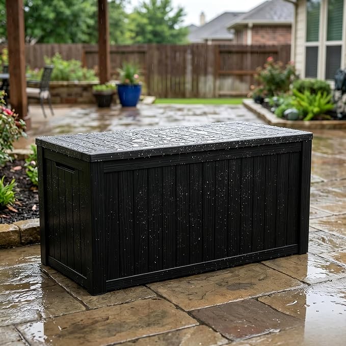 178 Gallon Resin Deck Box with Gas Lift Support – Outdoor Storage for Patio Furniture, Garden Tools & BBQ Accessories – Weatherproof Wood Grain Design with 660 Lbs Bench Seat (Lockable Lid)