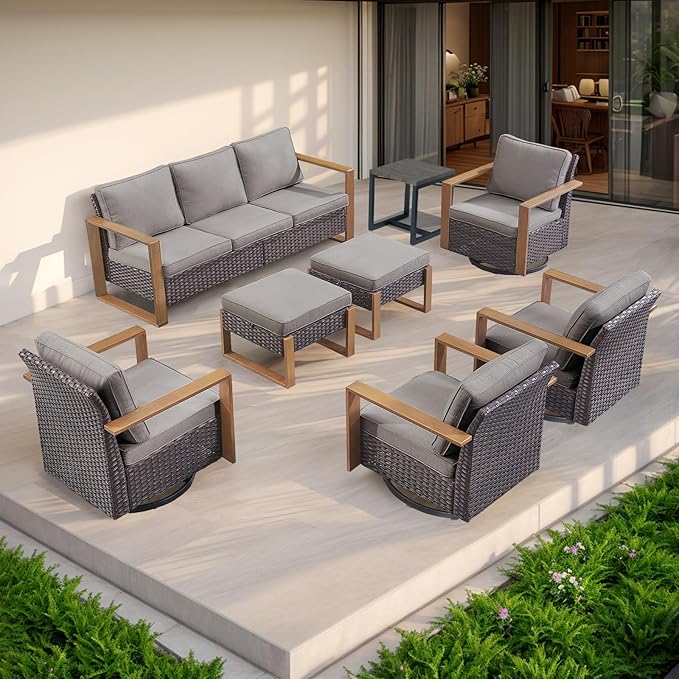 Rilyson Outdoor Couch Wicker Patio Sofa, Rattan Patio Furniture Sofa with Sturdy Frame,All-Weather PE Wicker,Wide Armrest,Deep Seating and Thick Cushions for Deck Porch Garden(Brown/Grey)