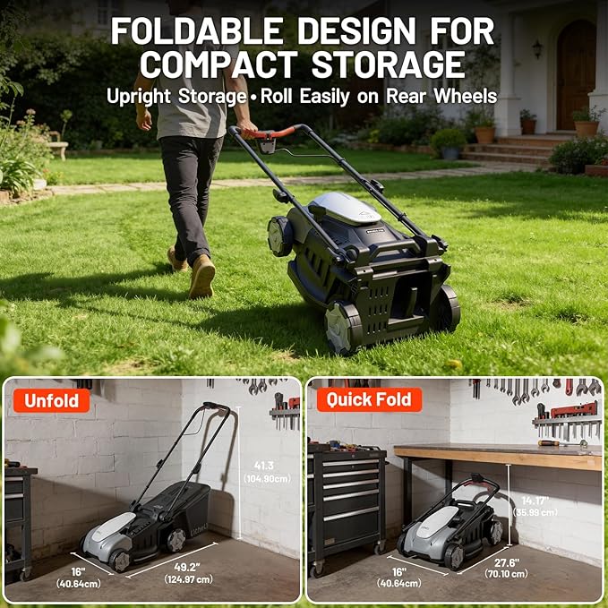 Litheli Electric Lawn Mower Cordless,Grass Cutter Machine for 3200 Sq. Ft.Lawnmower with Brushless Motor, 16 in Cutting Width, Cutting Height from 1 in to 2.5 in, Includes 2 * 5.0 Ah Battery