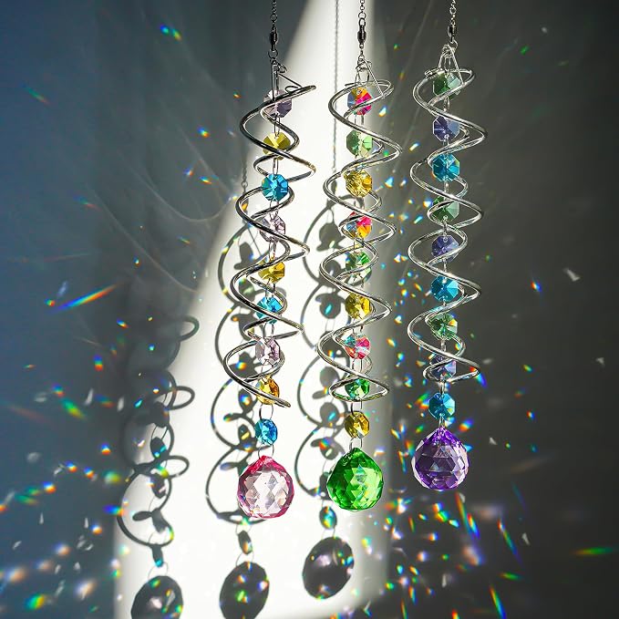 Set of 3 Crystal Spiral Wind Spinner Gazing Ball Decor | Crystal Suncatcher Rainbow Maker with Spiral Tail Hanging for Outdoor Garden Patio Porch Christmas Window Decor