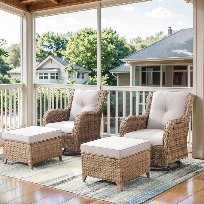 Belord Outdoor Swivel Chairs Set of 2,Patio Wicker Rocker Chairs with Ottomans, All Weather Patio Conversation Furniture Set, Ideal for Porch Balcony Deck Yard, Yellow Wicker/Beige