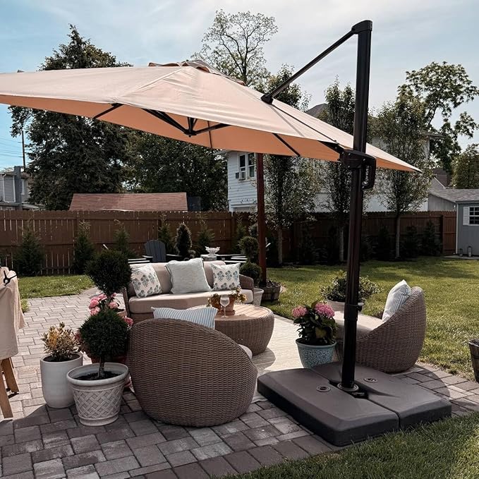 PURPLE LEAF 9' X 9' Patio Umbrella With Base Antique Bronze Square Cantilever Umbrella Outdoor with 360° Rotation and Aluminum Offset Hanging for Pool Deck Garden Backyard, Taupe