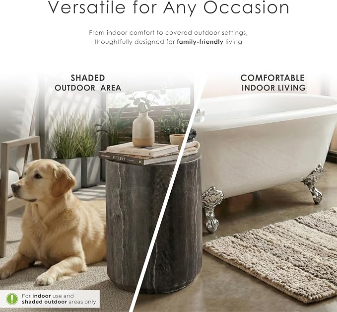 24/7 Shop at Home Ranera Modern 14-inch Natural Stone Side Table with Round Drum Base, Marble Nightstand, Patio End Table, for Living Room, Covered Outdoor Spaces, Balcony, Warm Gray Travertine