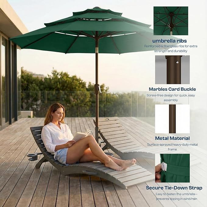 10ft Patio Umbrella, 3 Tier Outdoor Market Table Umbrellas with 8 Fiberglass Ribs and Push Button Tilt, Windproof, Vented Canopy, UV Protection for Deck, Pool, Backyard