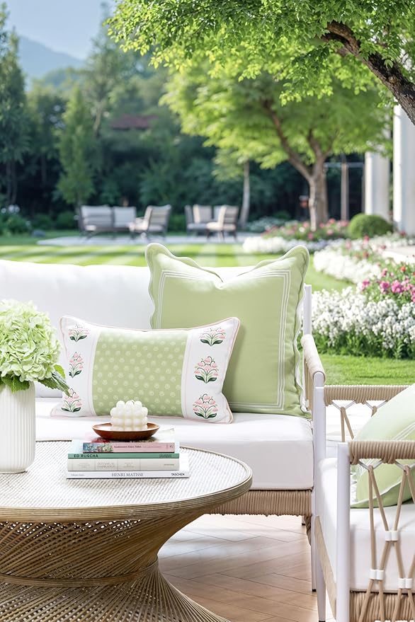 Hofdeco Premium Grandmillennial Patio Indoor Outdoor Lumbar Pillow Cover Only, 12"x20" Water Repellent for Backyard, Couch, Poolside, Grass Green Pink Print Block Print Striped Lily of The Valley