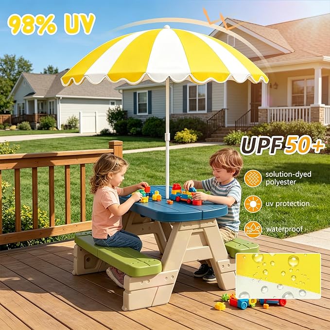 Water Table Umbrella, UV Protection Beach & Picnic Table Umbrella, Heavy Duty Portable Outdoor Shade for Sand Play, Camping, Garden & Backyard. Yellow ﻿