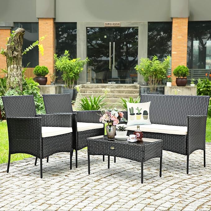 Tangkula 8 Piece Patio Furniture Set, Outdoor Wicker Conversation Set with Tempered Glass Coffee Table, Rattan Loveseat & Chairs Set with Seat Cushions for Backyard, Garden, Poolside (2, Beige)