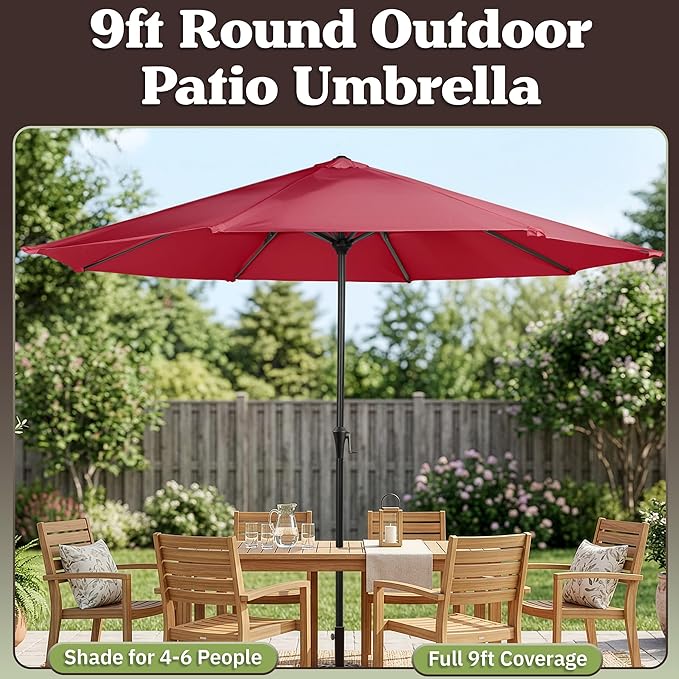 9FT Round Patio Umbrella - Easy Crank, Vented Canopy Outdoor Umbrella for Shade - For Deck, Balcony, Porch, Backyard, or Pool by Pure Garden (Maroon Red)