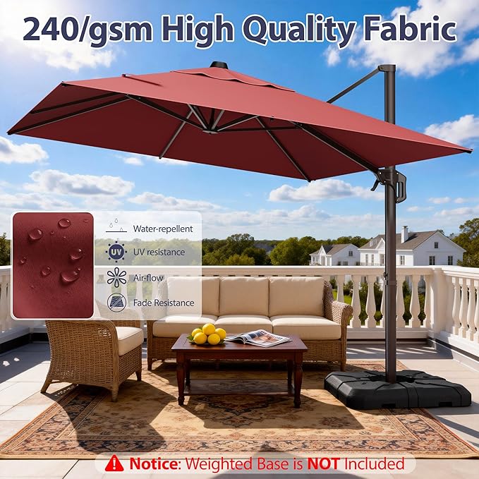 9' X 12' Cantilever Patio Umbrella Rectangle Outdoor Umbrella, 6-Level Tilt & 360° Rotation Offset Umbrella for Garden, Deck, Pool (Red)