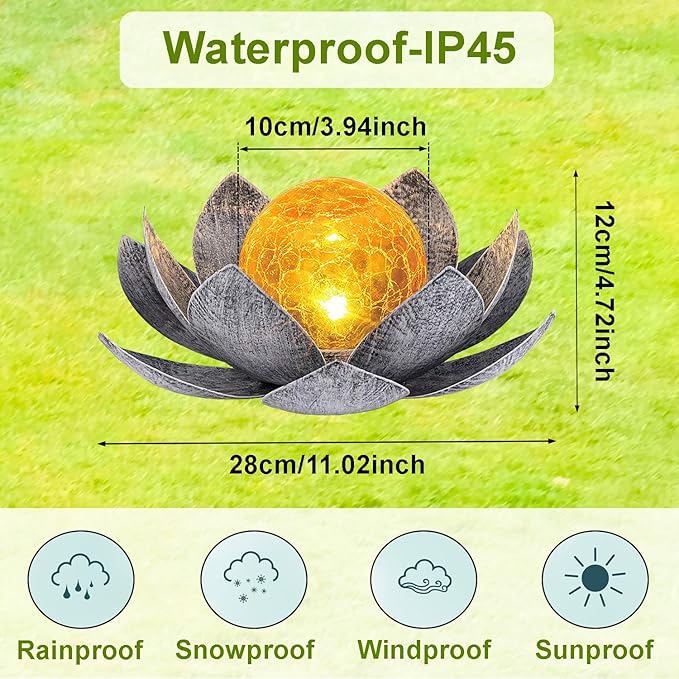 Ragyzity Lotus Solar Lights Outdoor, Bright Lotus Flower Table Lamp, Art Crackle Globe Glass Lotus Decoration, Waterproof Led Metal Flower Light Garden Table Decor for Patio Porch Pathway Lawn Pond
