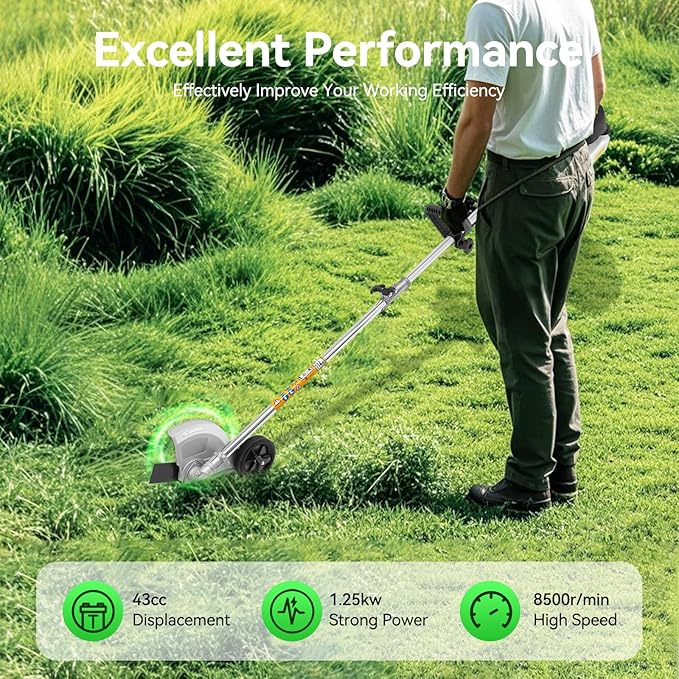 Gas Powered String Trimmer, 2 Stroke Air-Cooled Cordless Lawn Edger Gasoline Weed Eater with 2 Blade Heads for Garden Lawn Grass Hedge Trimmer (26CC, 0.65KW)
